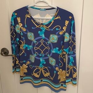 Versace-inspired J. McLaughlin luxe blue, aqua and gold equestrian top, size M